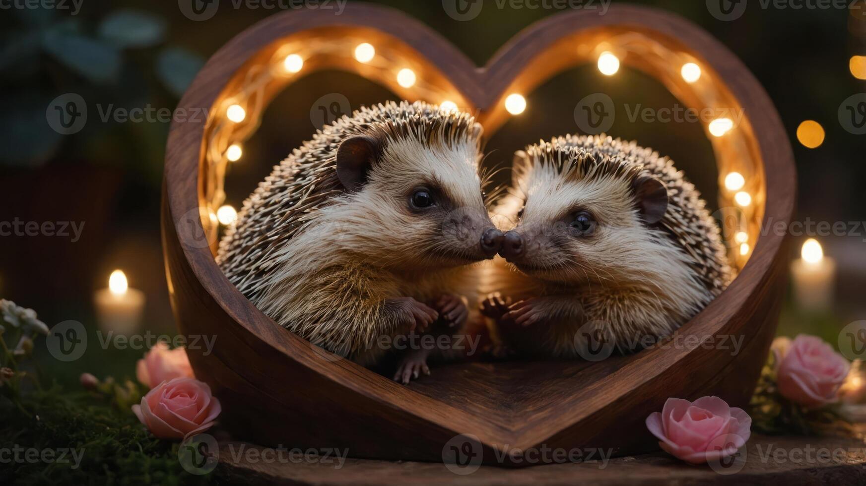 Two hedgehogs nestled in a heart-shaped wooden frame with lights and flowers, symbolizing love. photo
