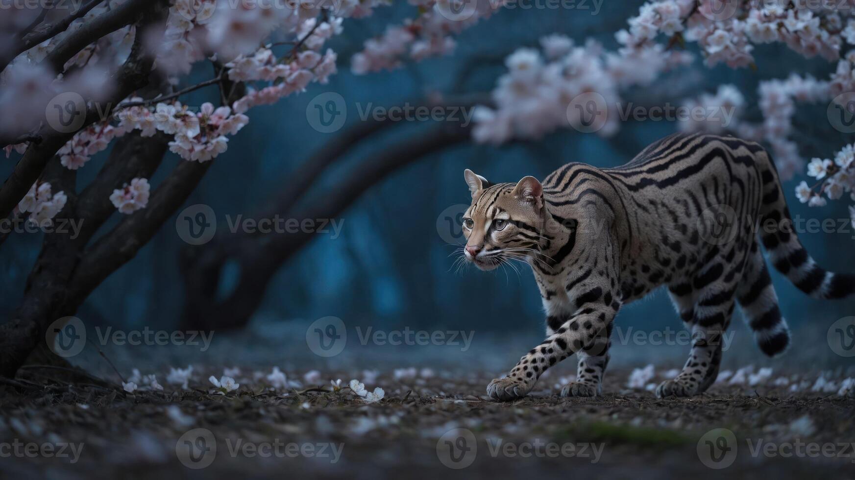 A wild cat prowls through a serene landscape adorned with blooming cherry blossoms. photo