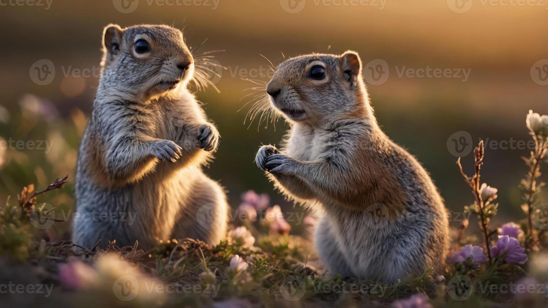 Two adorable squirrels interact amidst flowers in a serene natural setting. photo