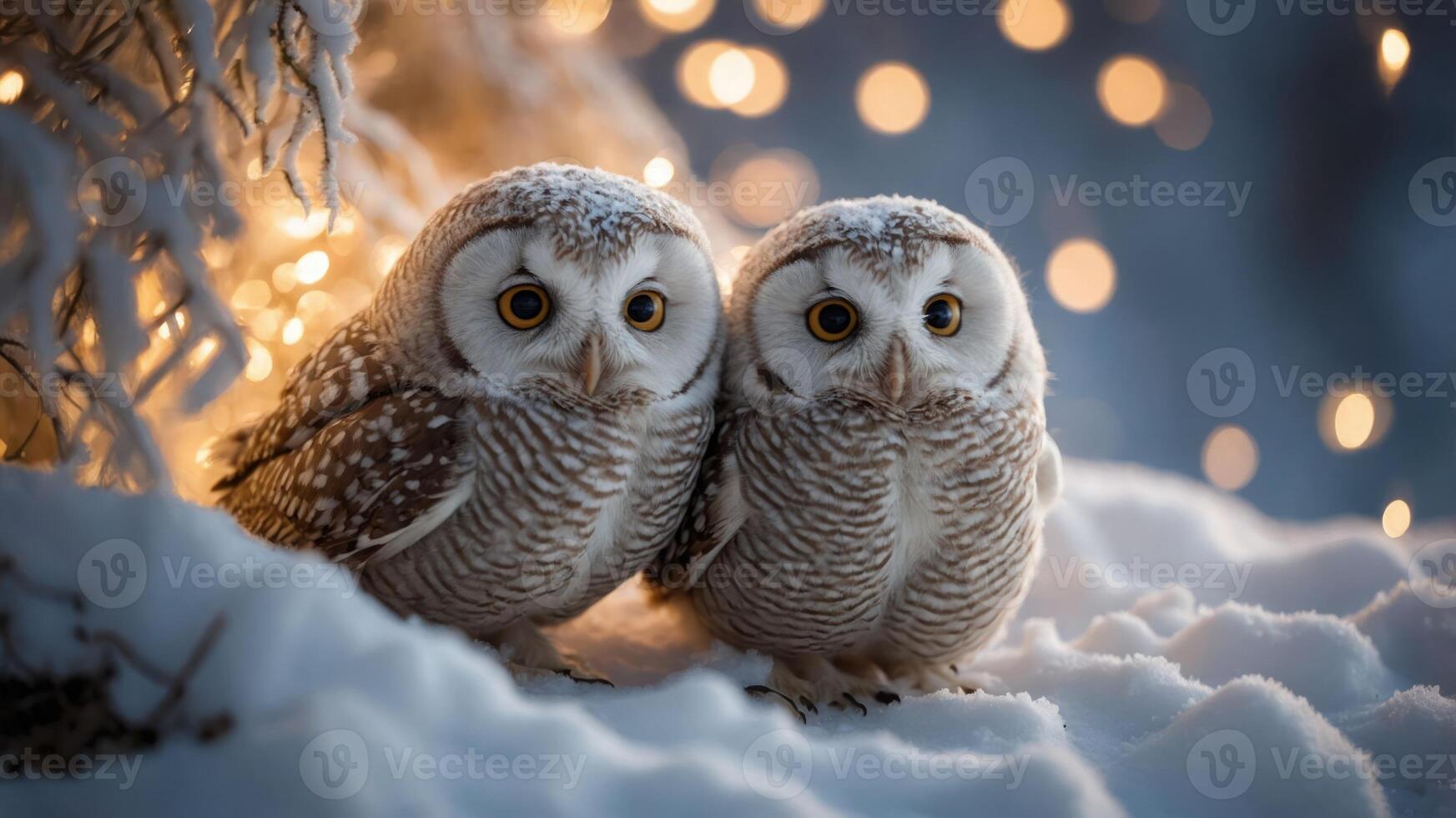 Two snowy owls perched together in a winter landscape with soft lights in the background. photo