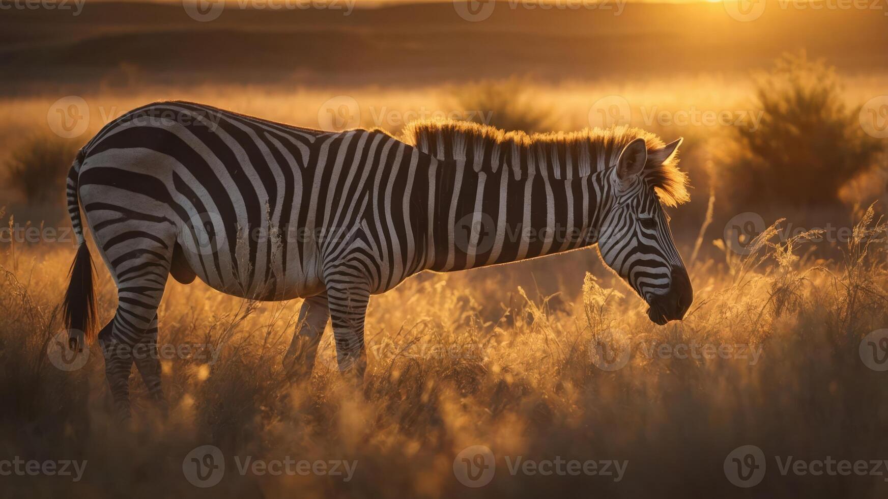 A zebra grazing in golden grass during sunset, showcasing nature's beauty. photo
