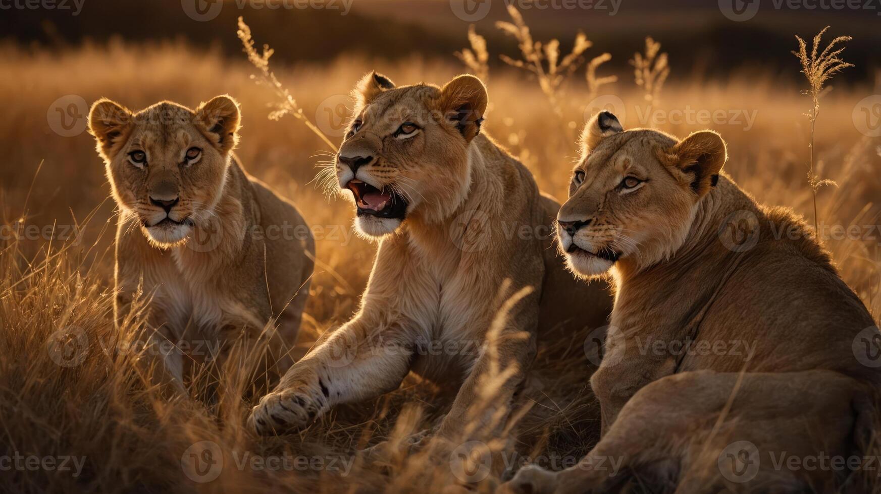Three lions resting in golden grass during sunset, showcasing wildlife beauty. photo