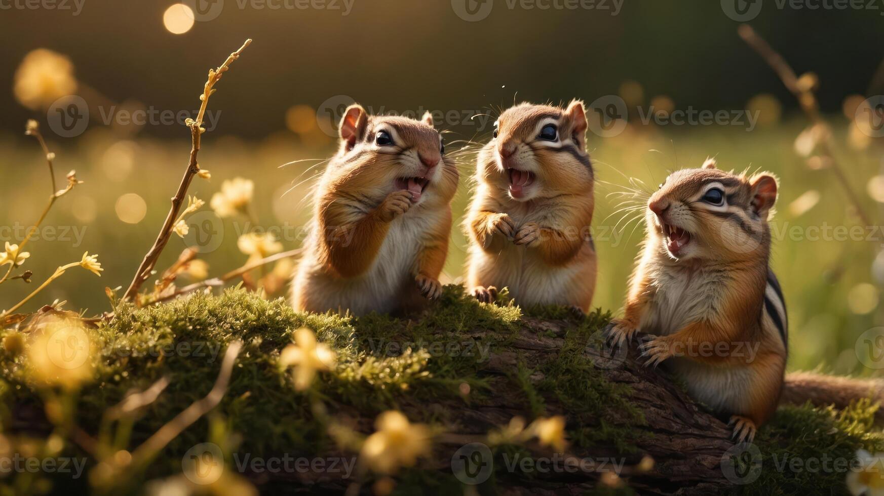 Three chipmunks playfully interacting on a mossy log in a sunlit meadow. photo