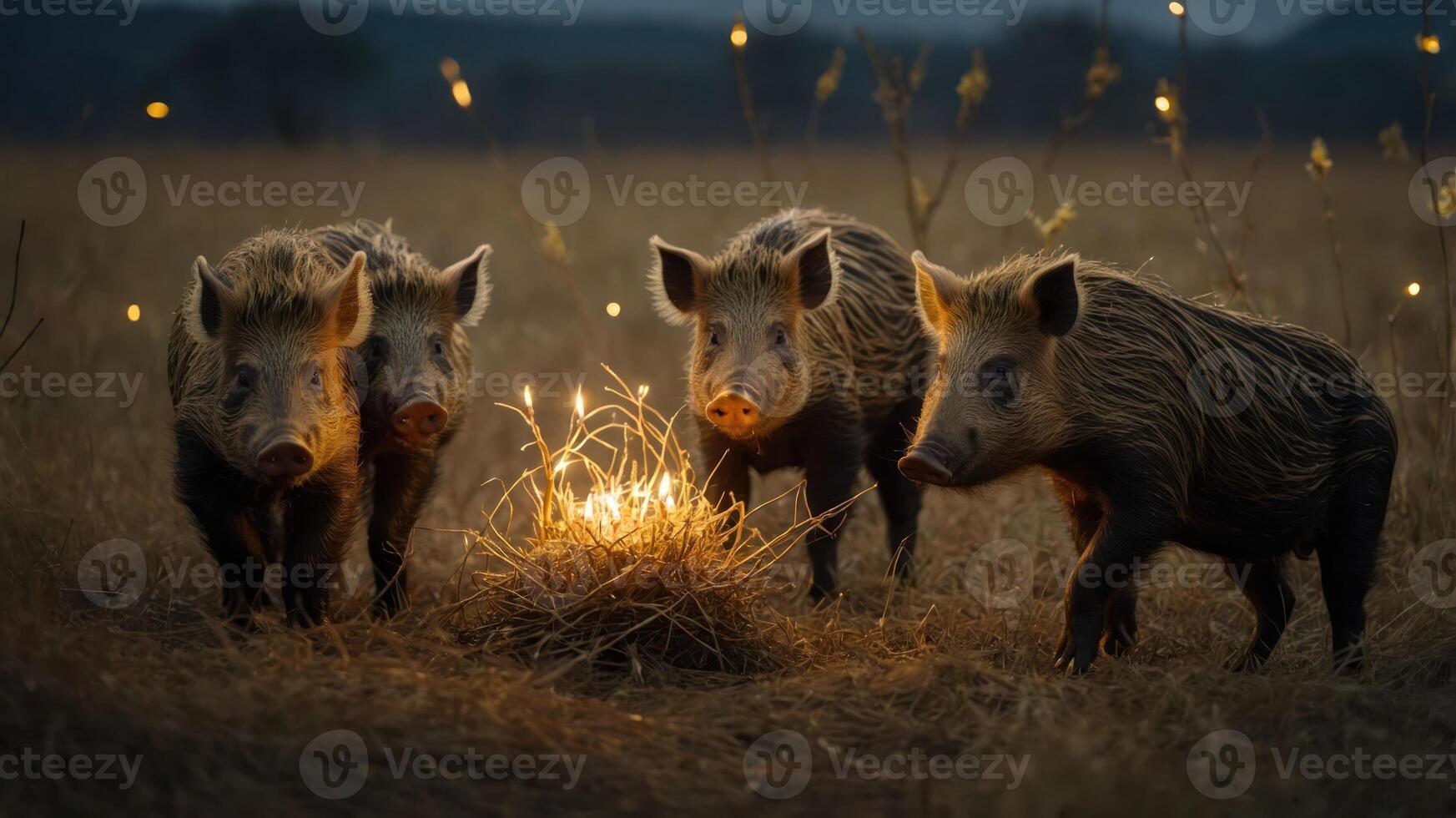 Four wild boars gathered around glowing twigs in a grassy field at dusk. photo