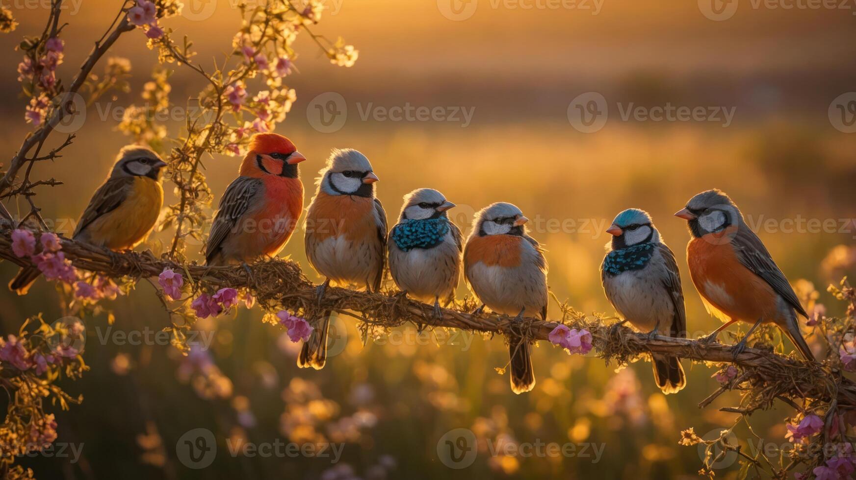 A vibrant scene of colorful birds perched on a branch during sunset. photo
