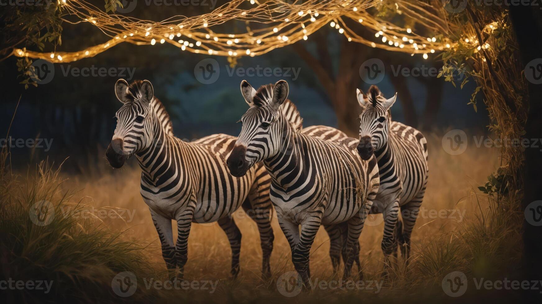 Three zebras standing under a canopy of twinkling lights in a serene, natural setting. photo