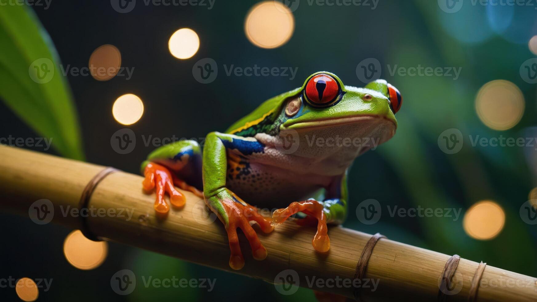 A vibrant red-eyed tree frog perched on bamboo with a blurred bokeh background. photo