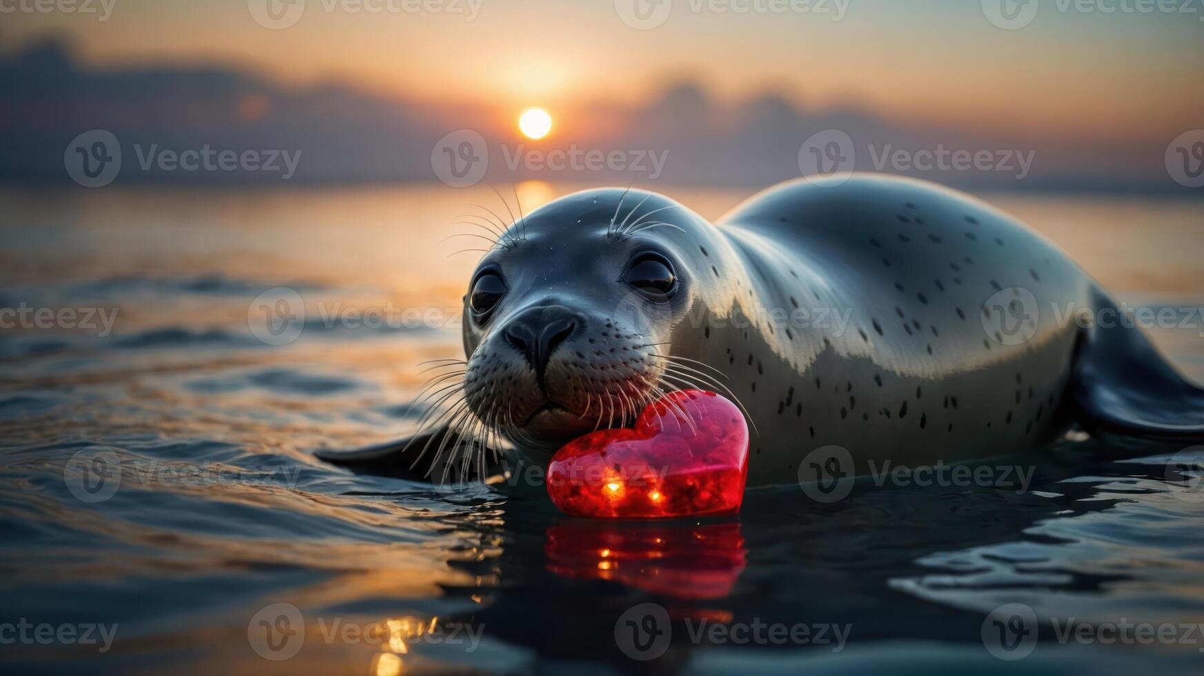 A seal floats in water at sunset, holding a red heart-shaped object in its mouth. photo