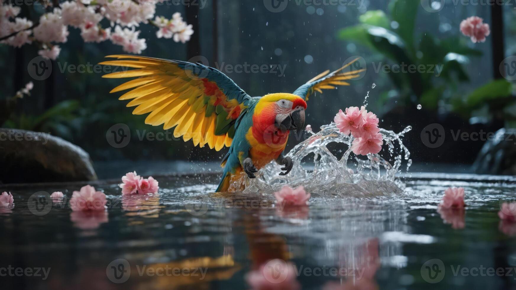 A vibrant parrot splashes in a serene pond surrounded by cherry blossoms. photo