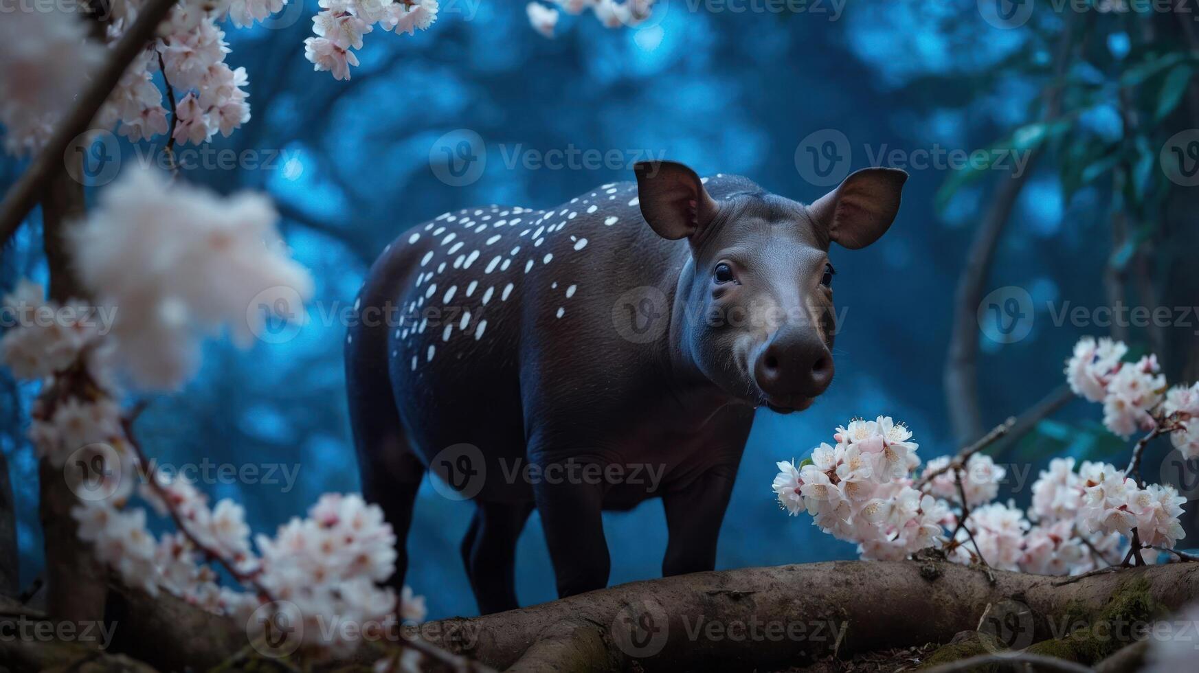 A tapir stands among cherry blossoms in a serene, mystical forest setting. photo