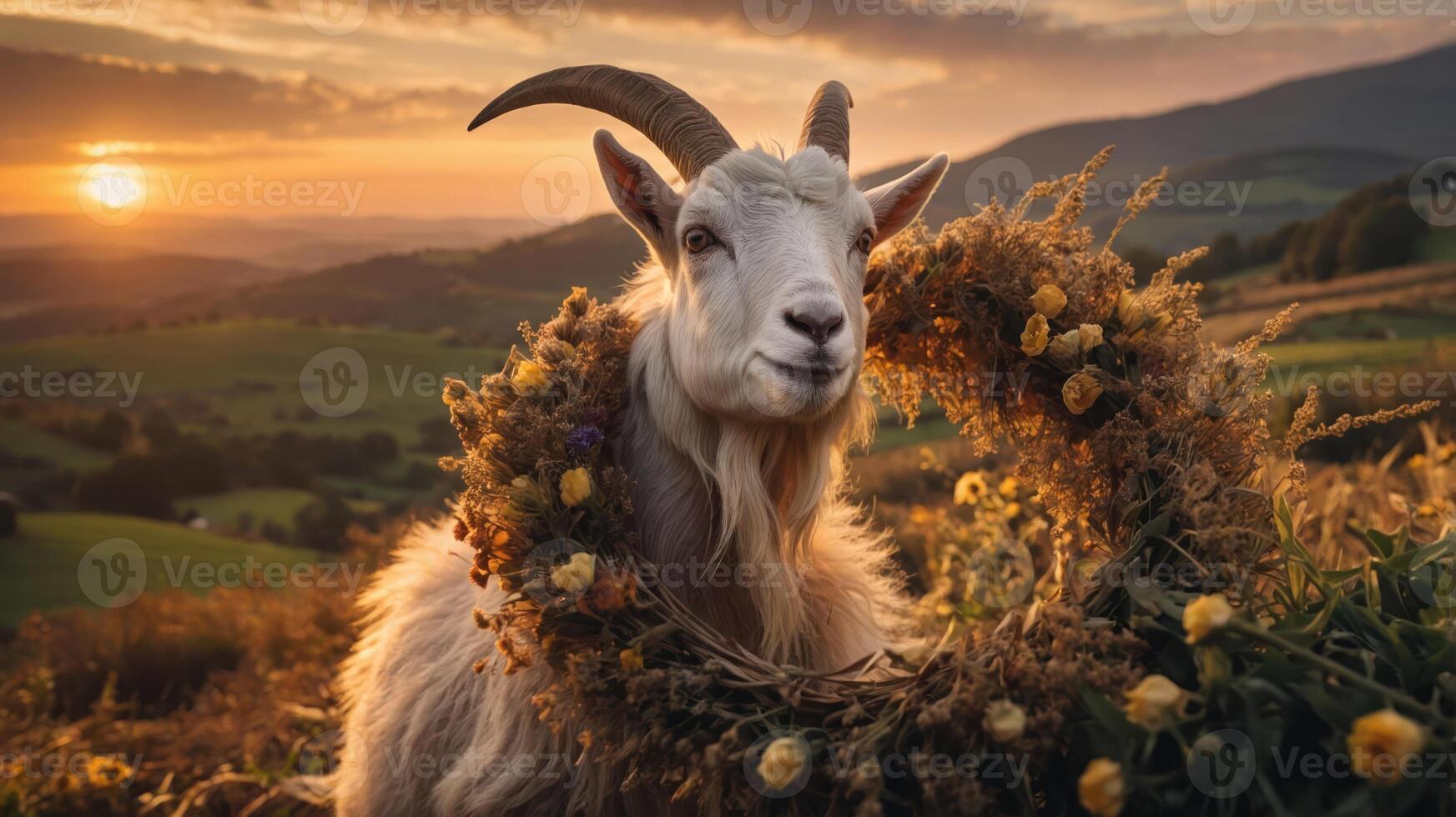 A goat adorned with flowers against a sunset backdrop in a serene landscape. photo