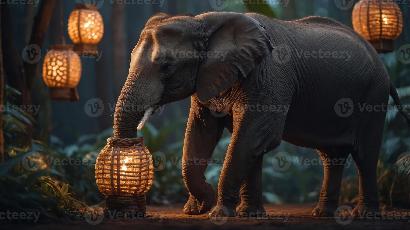 An elephant interacts with a lantern in a lush forest setting. photo