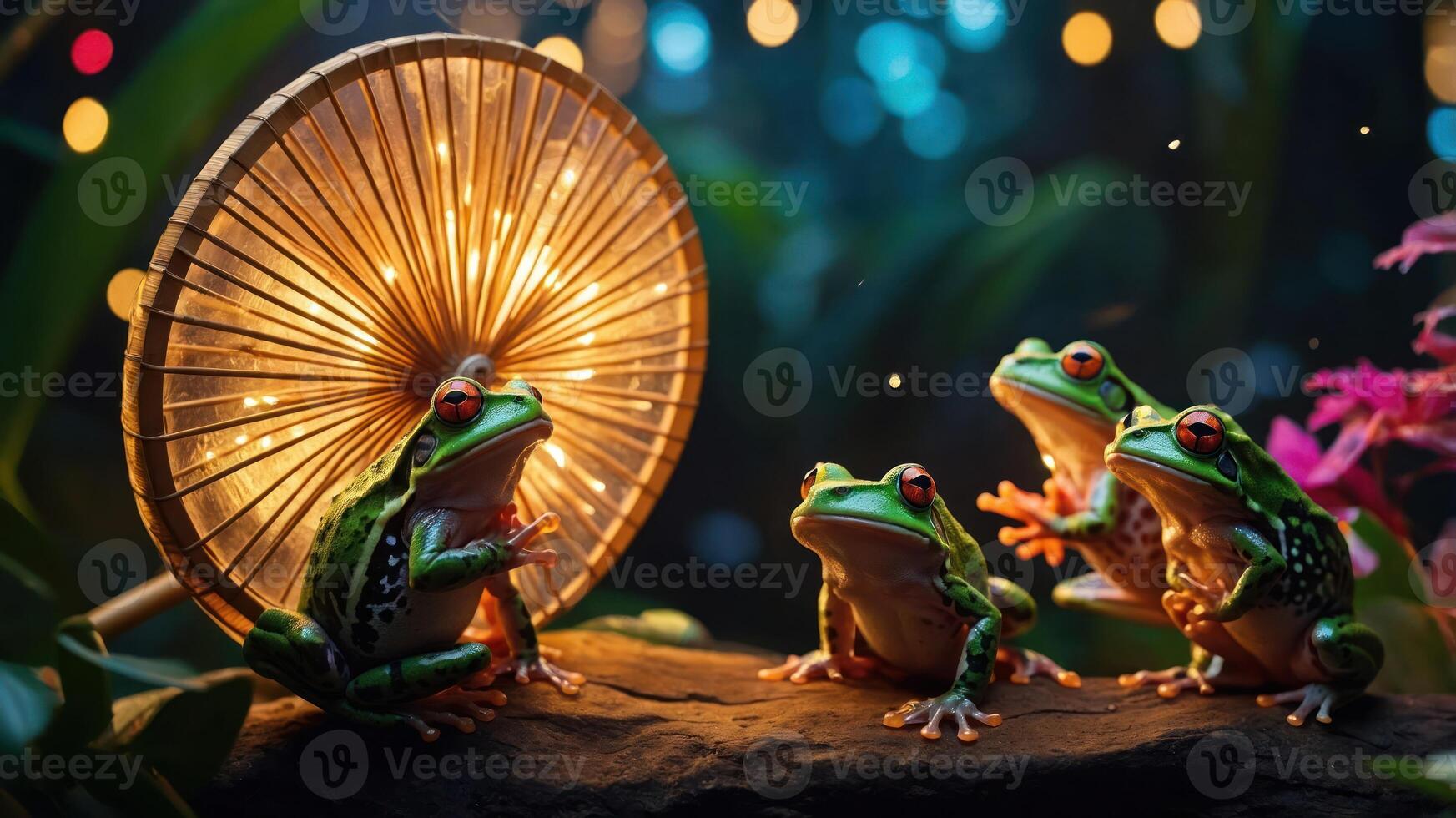 Three frogs gathered around a lit umbrella in a vibrant, natural setting. photo
