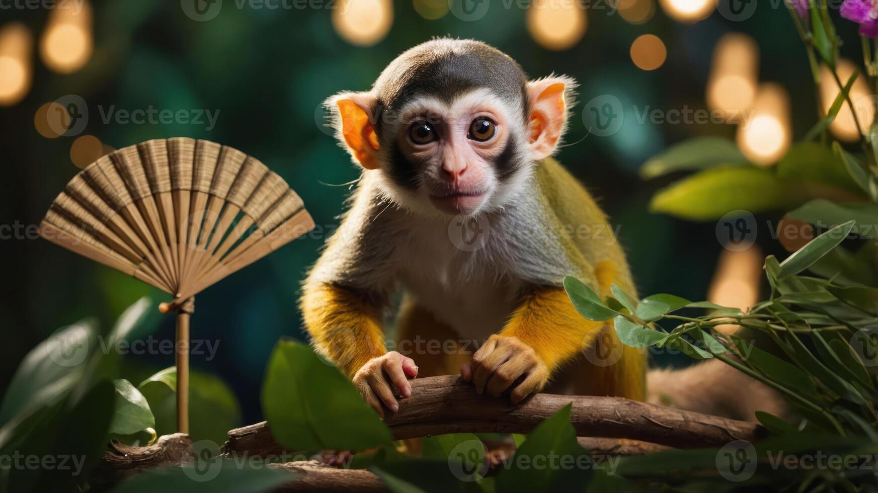 A playful monkey poses among greenery and decorative elements, showcasing its curiosity. photo
