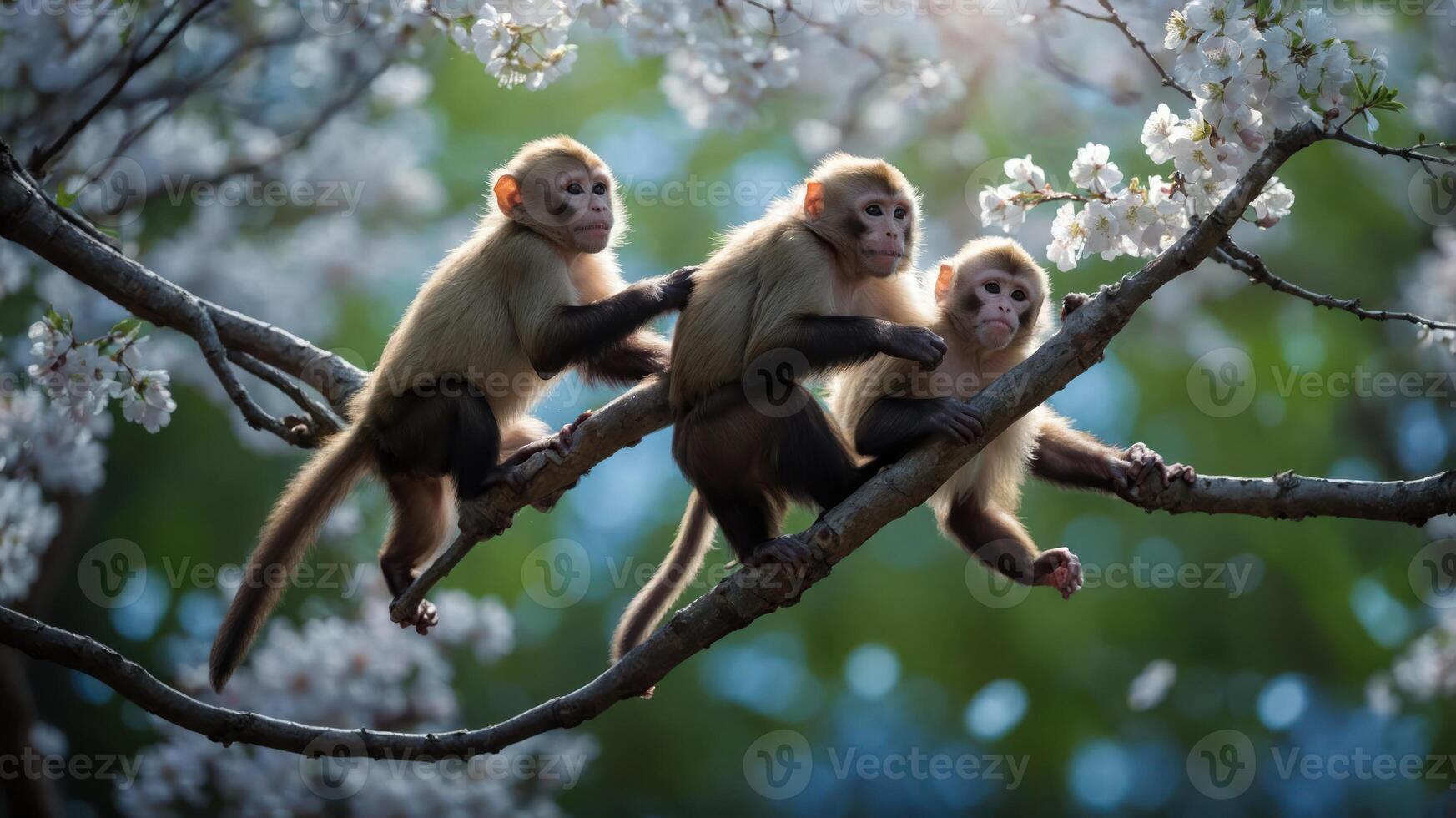 Three monkeys sitting on a branch surrounded by blooming flowers. photo