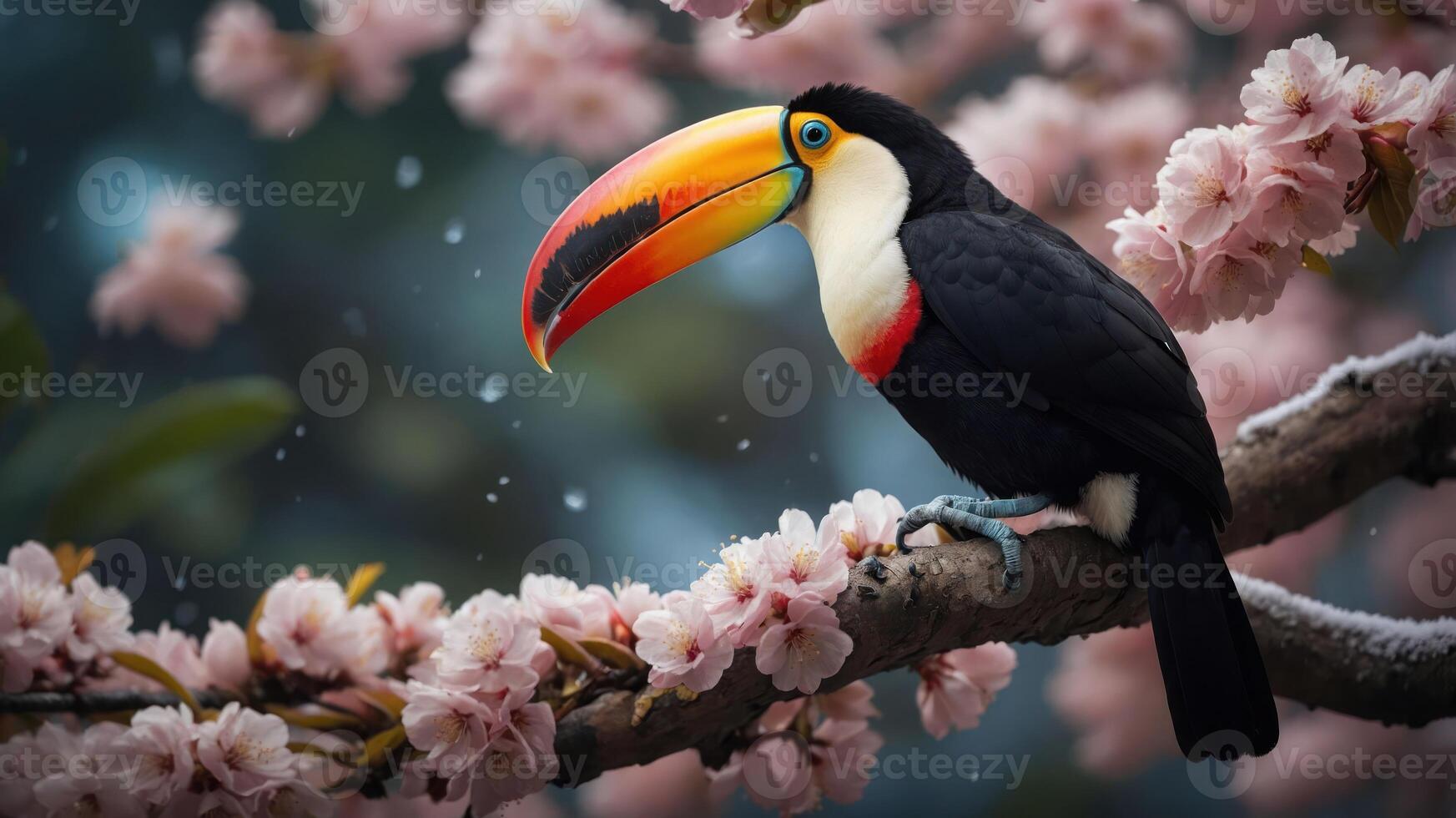 A toucan perched on a branch amidst blooming cherry blossoms. photo