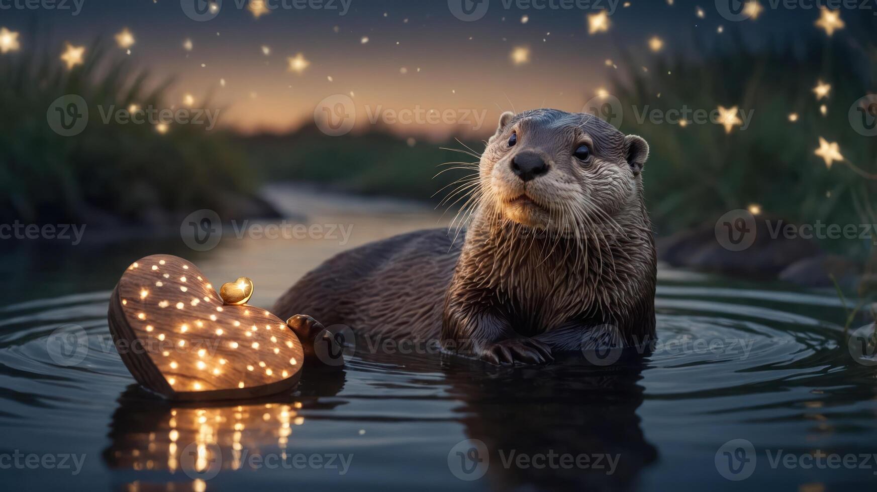 A serene otter floats in water beside a glowing heart-shaped decoration under a starry sky. photo