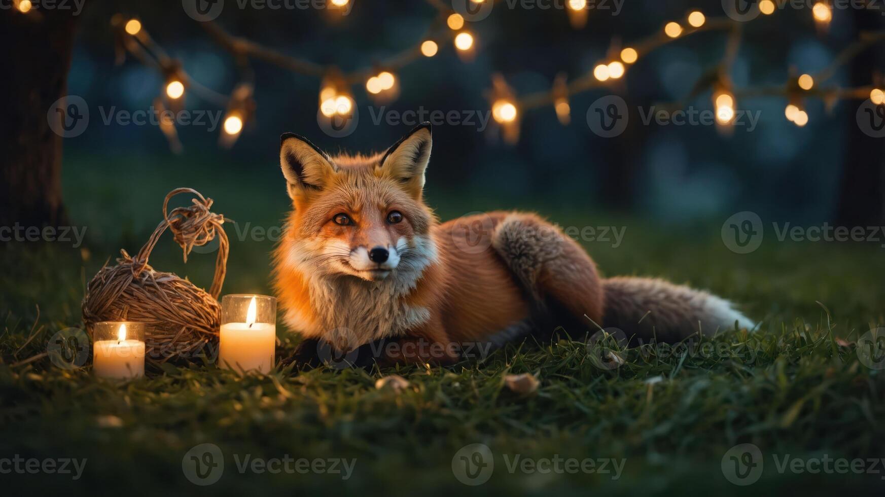 A serene fox resting among candles and lights in a tranquil outdoor setting. photo