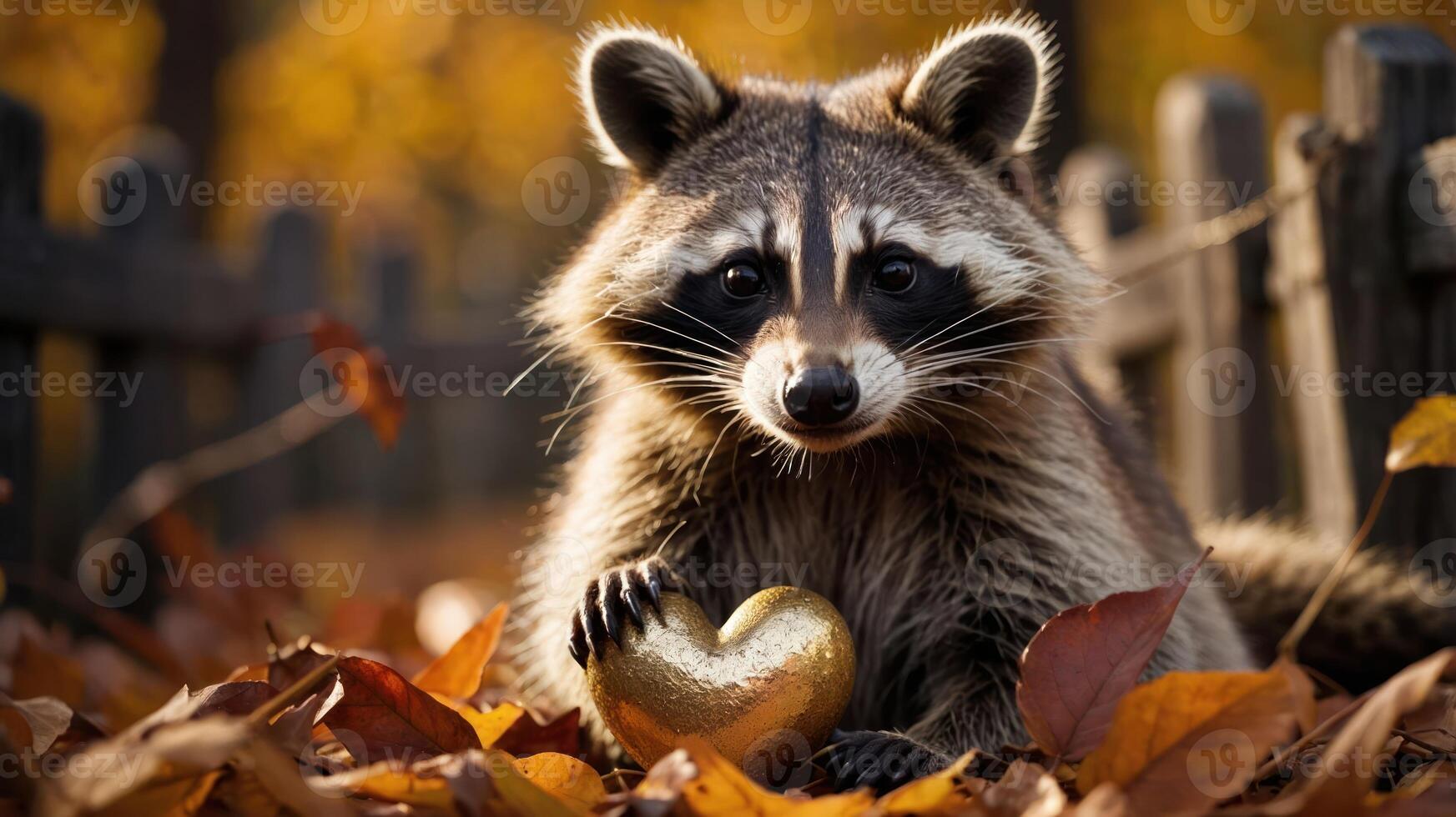 A raccoon holds a golden heart amidst autumn leaves, evoking warmth and affection. photo
