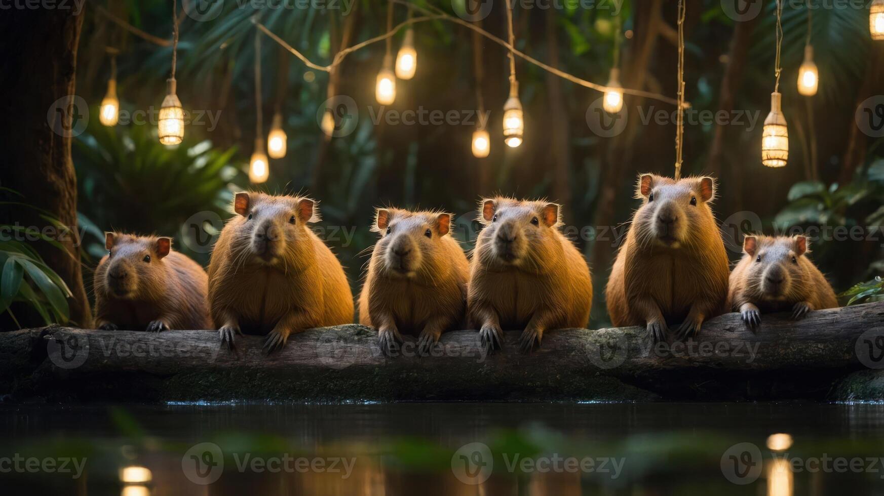 A serene gathering of capybaras by a pond, adorned with string lights in a lush setting. photo