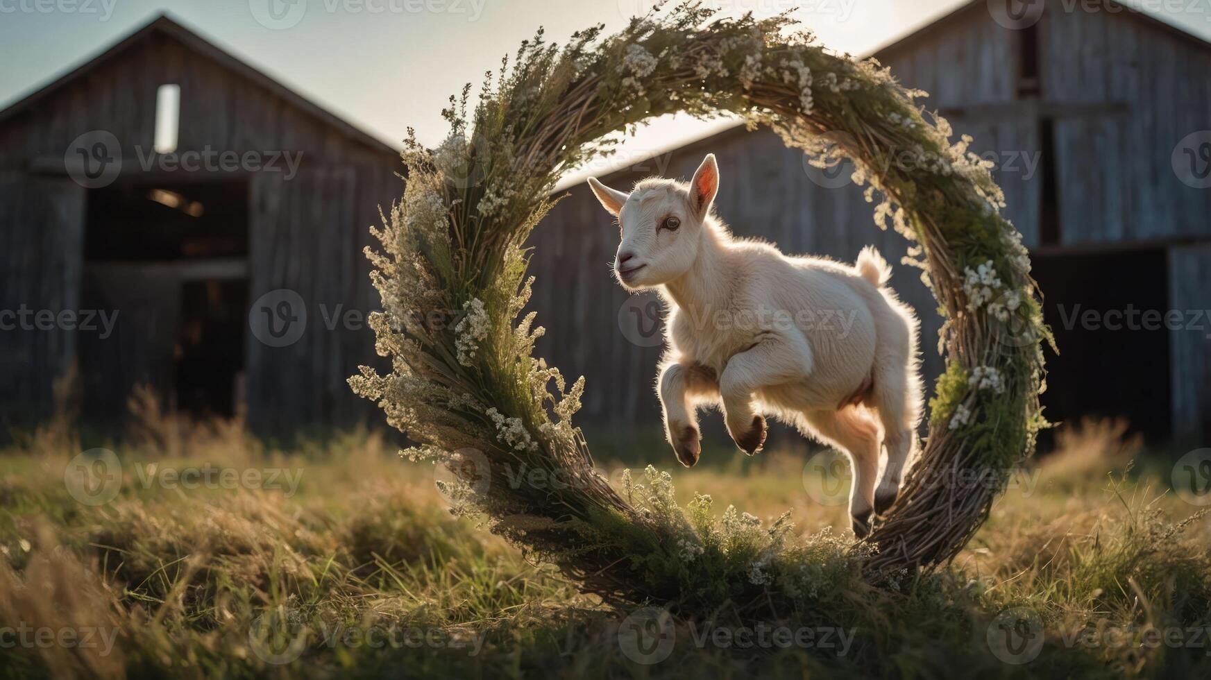 A playful goat jumps through a floral hoop in a rural setting. photo