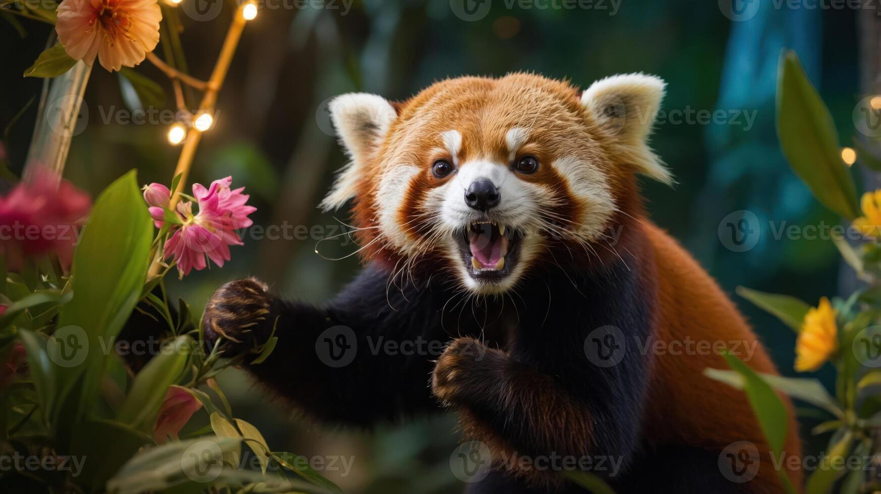 A playful red panda amidst colorful flowers and greenery, showcasing its vibrant fur and expression. photo