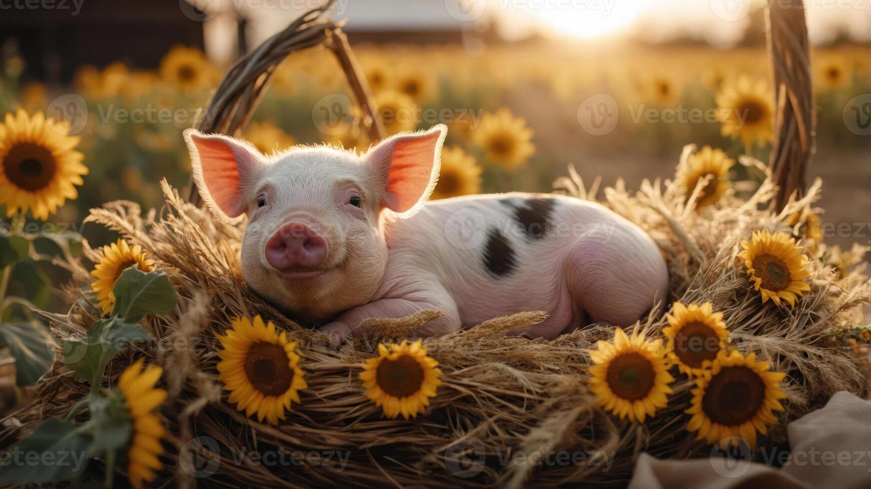 A piglet resting in a straw nest surrounded by sunflowers at sunset. photo
