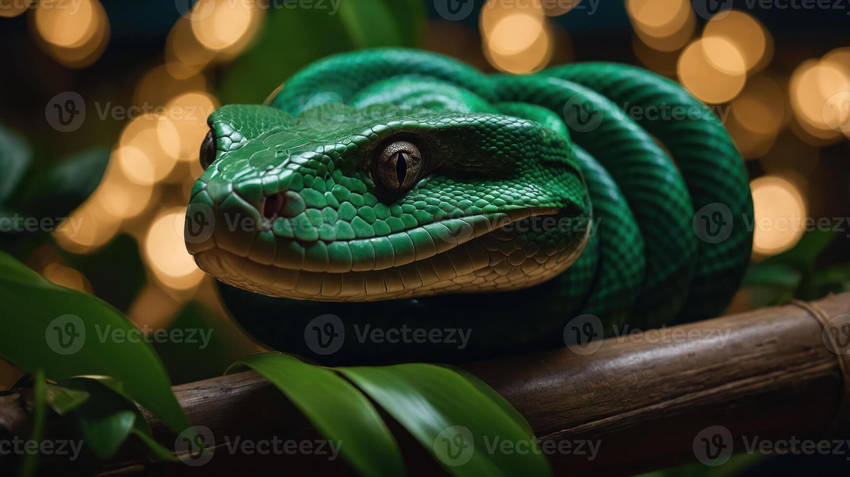 A close-up of a vibrant green snake resting on a branch, surrounded by soft, glowing lights. photo