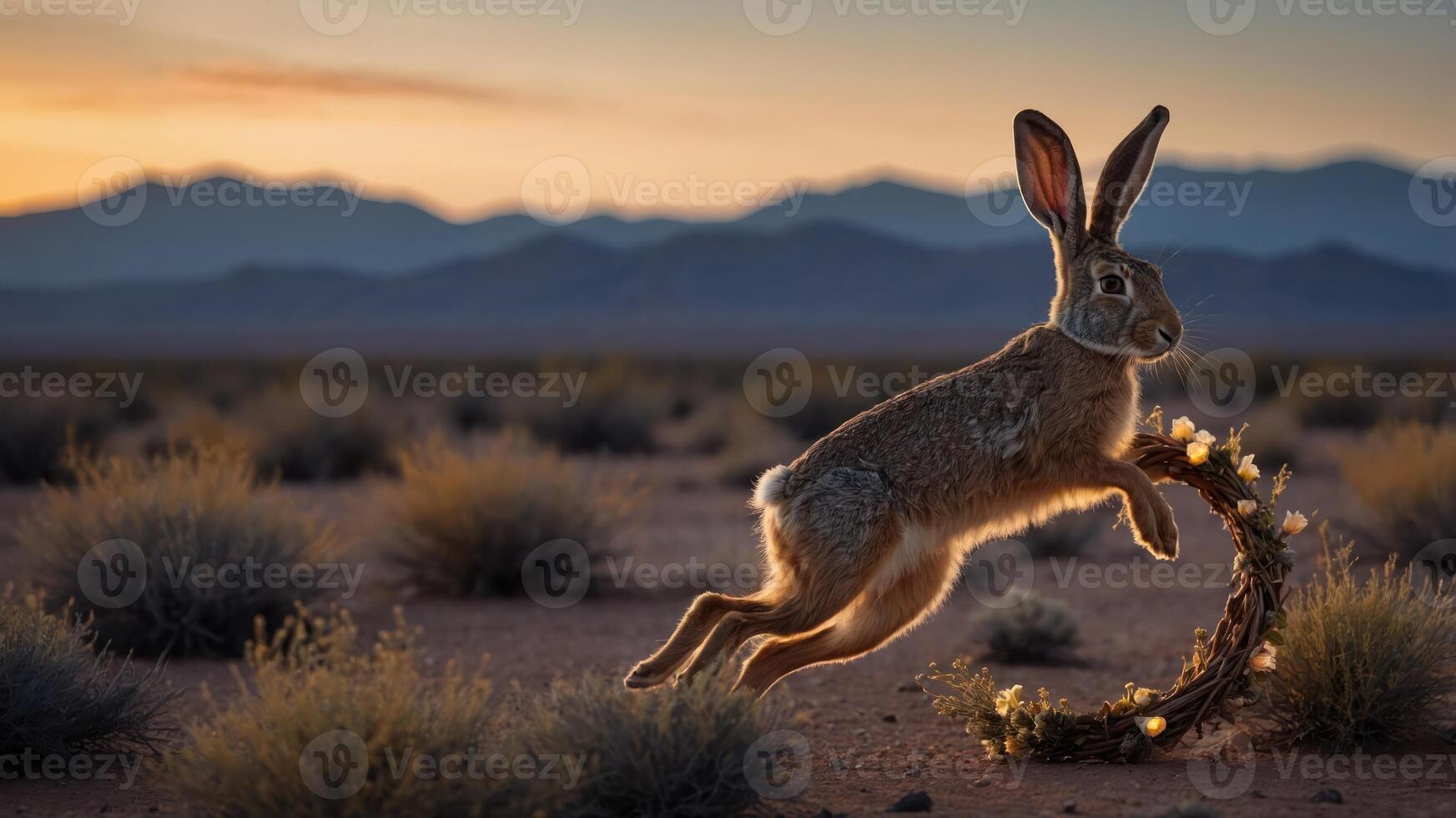 A rabbit leaps gracefully in a desert landscape at sunset, surrounded by sparse vegetation. photo
