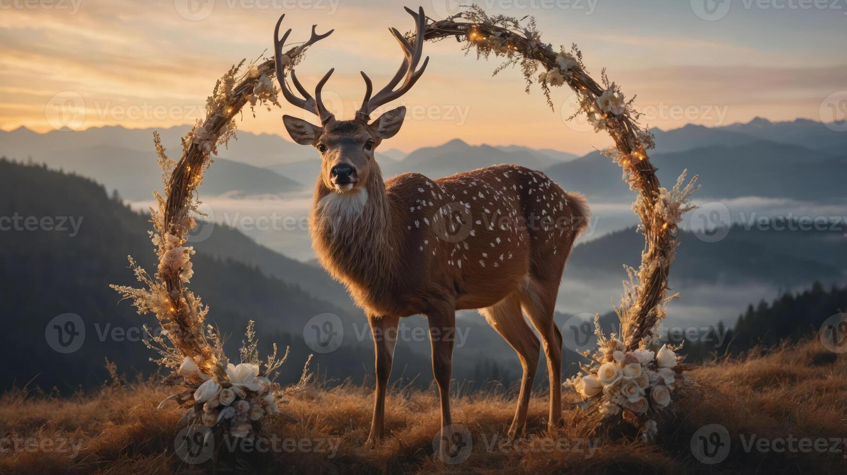A majestic deer stands within a floral arch at sunrise, surrounded by mountains and mist. photo