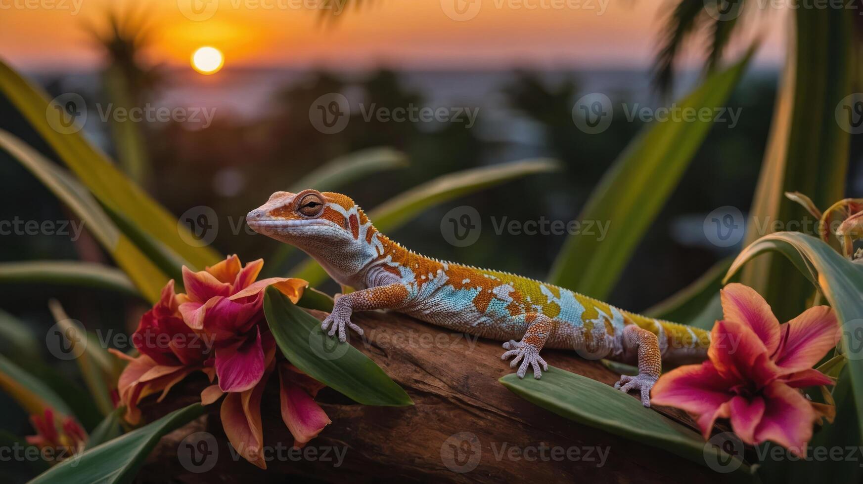 A colorful gecko resting on a log among vibrant flowers at sunset. photo