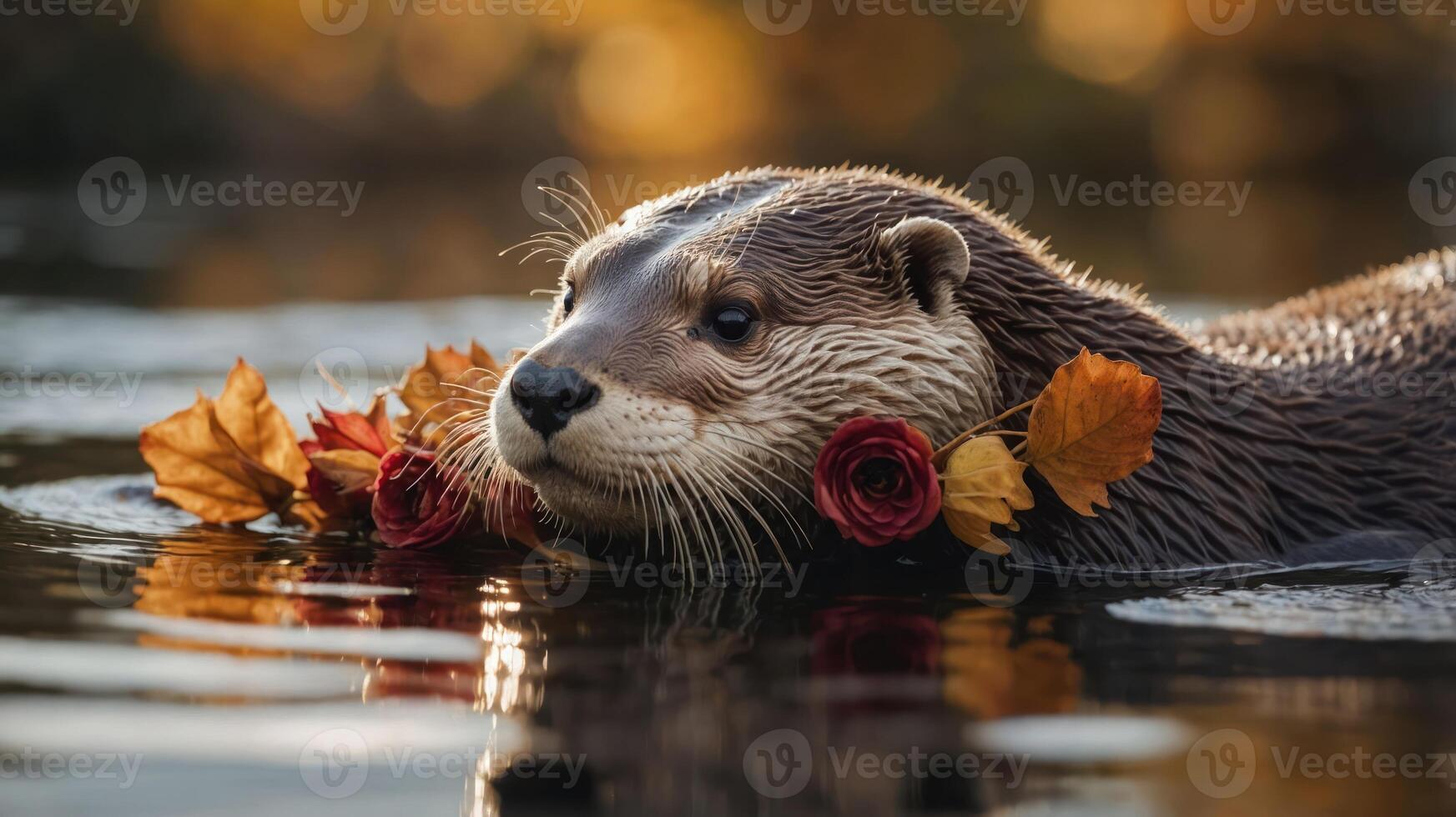 An otter floats in water adorned with autumn leaves and roses, capturing a serene moment. photo