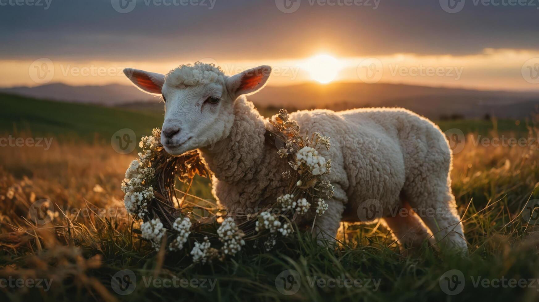 A lamb adorned with a floral wreath stands in a sunlit field during sunset. photo