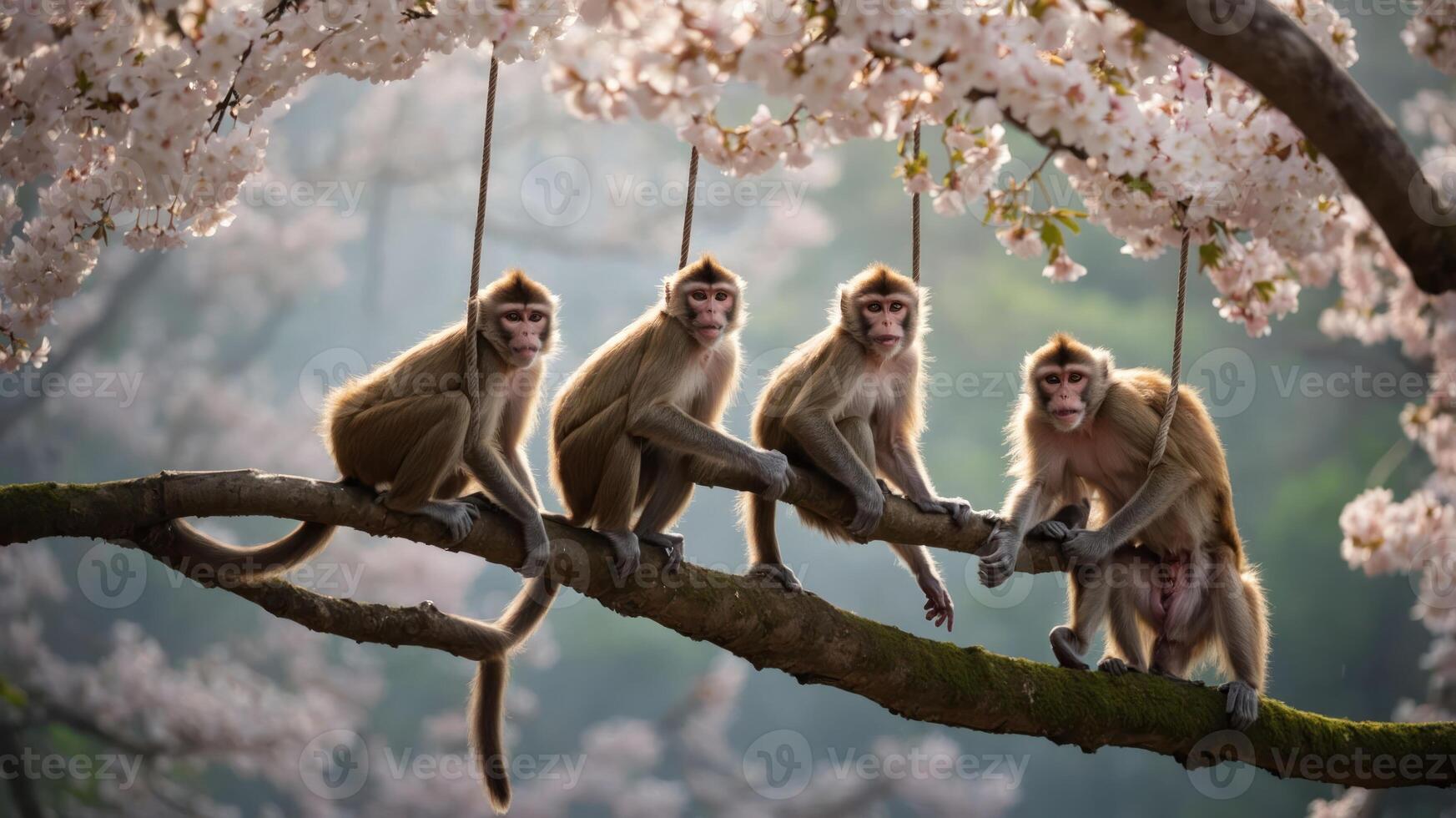 Four monkeys hanging on a branch amidst cherry blossoms, showcasing nature's beauty. photo