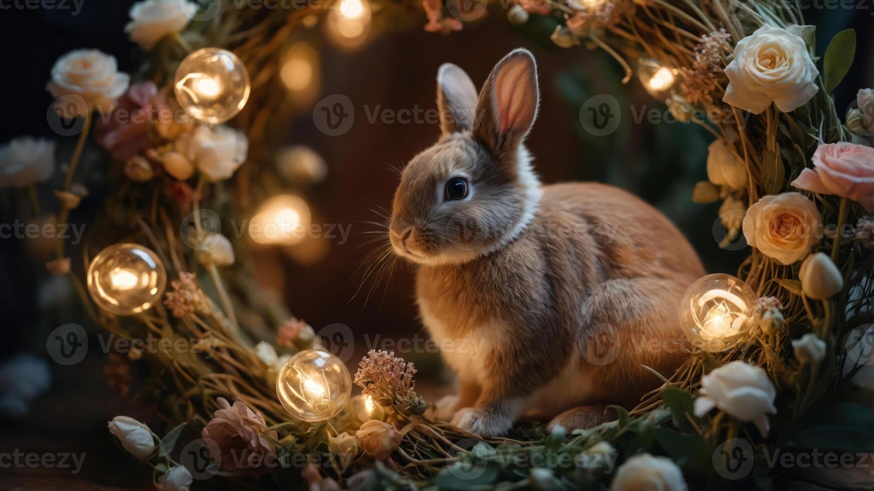 A rabbit sits gracefully in a floral wreath adorned with fairy lights. photo