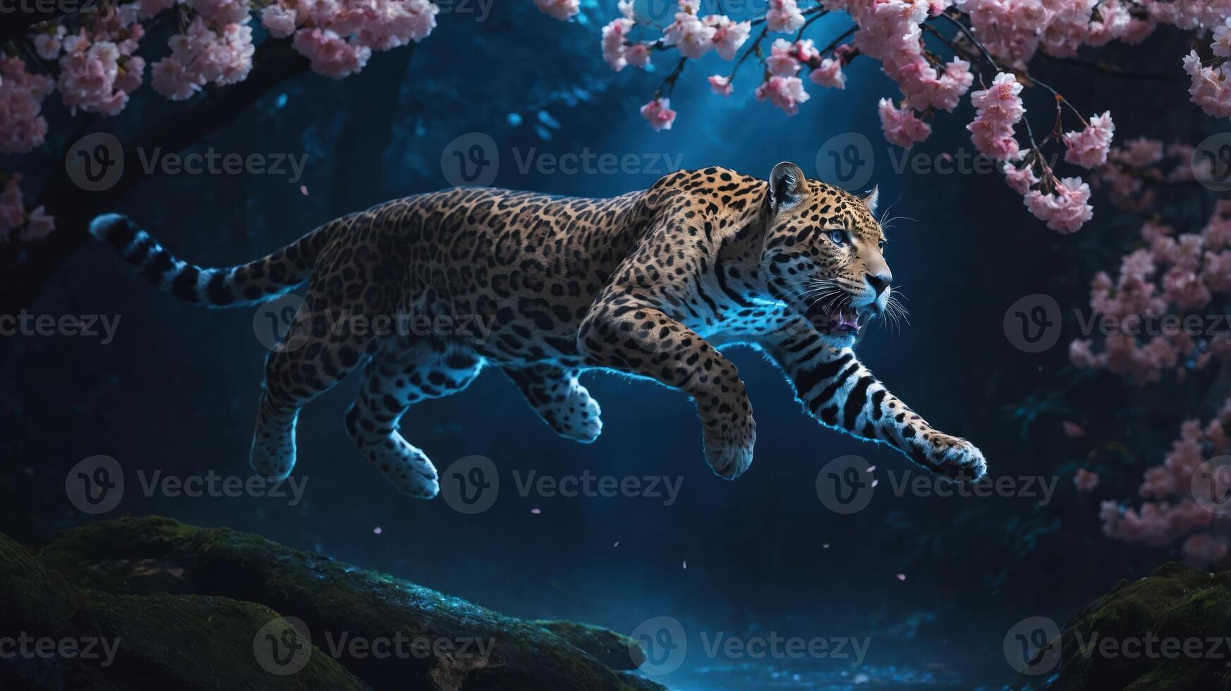 A leopard leaps through a mystical forest adorned with cherry blossoms. photo