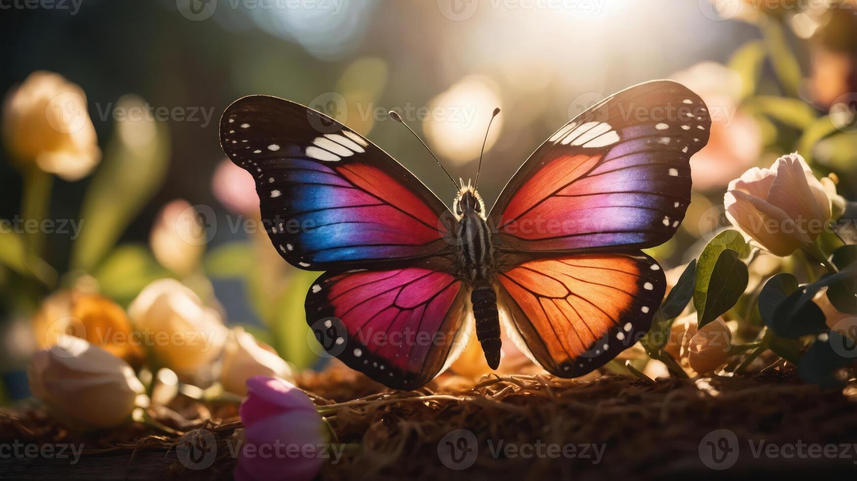 A vibrant butterfly perched among colorful flowers, illuminated by soft sunlight. photo