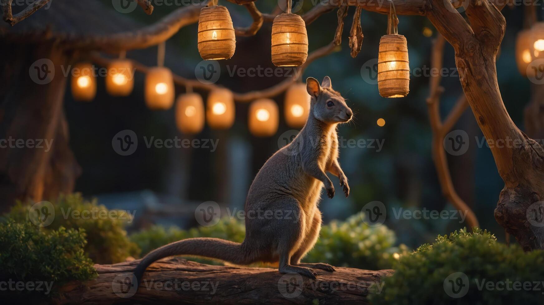 A kangaroo stands under glowing lanterns in a serene, natural setting. photo