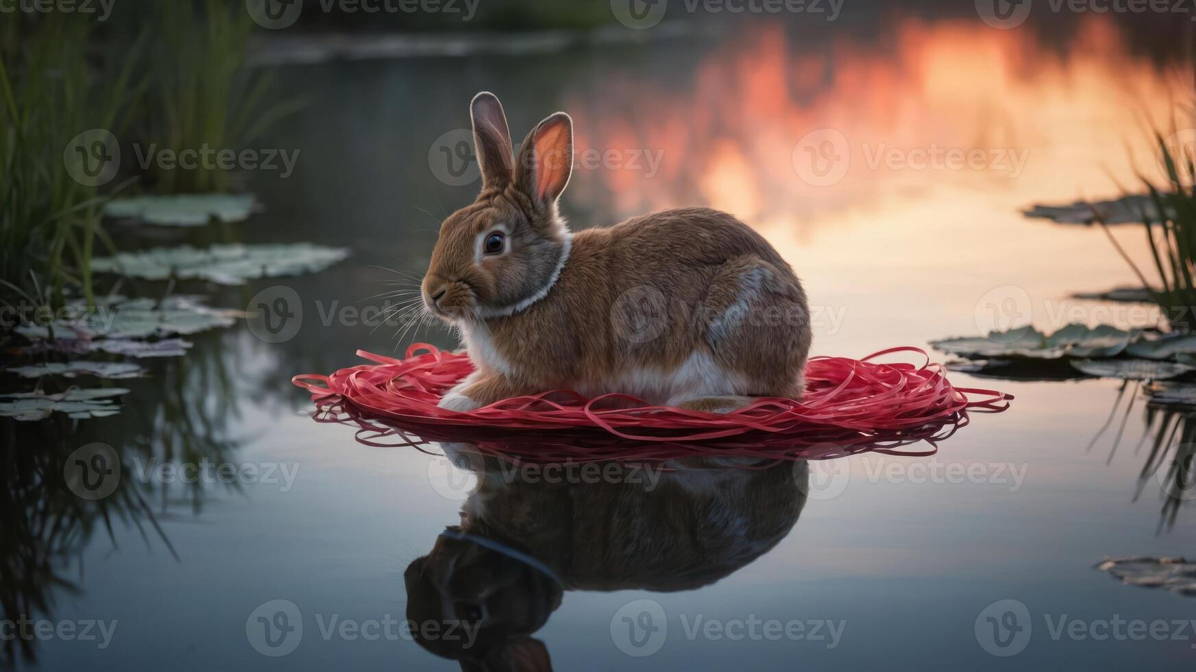 A rabbit sits on a red nest in a tranquil pond at sunset. photo