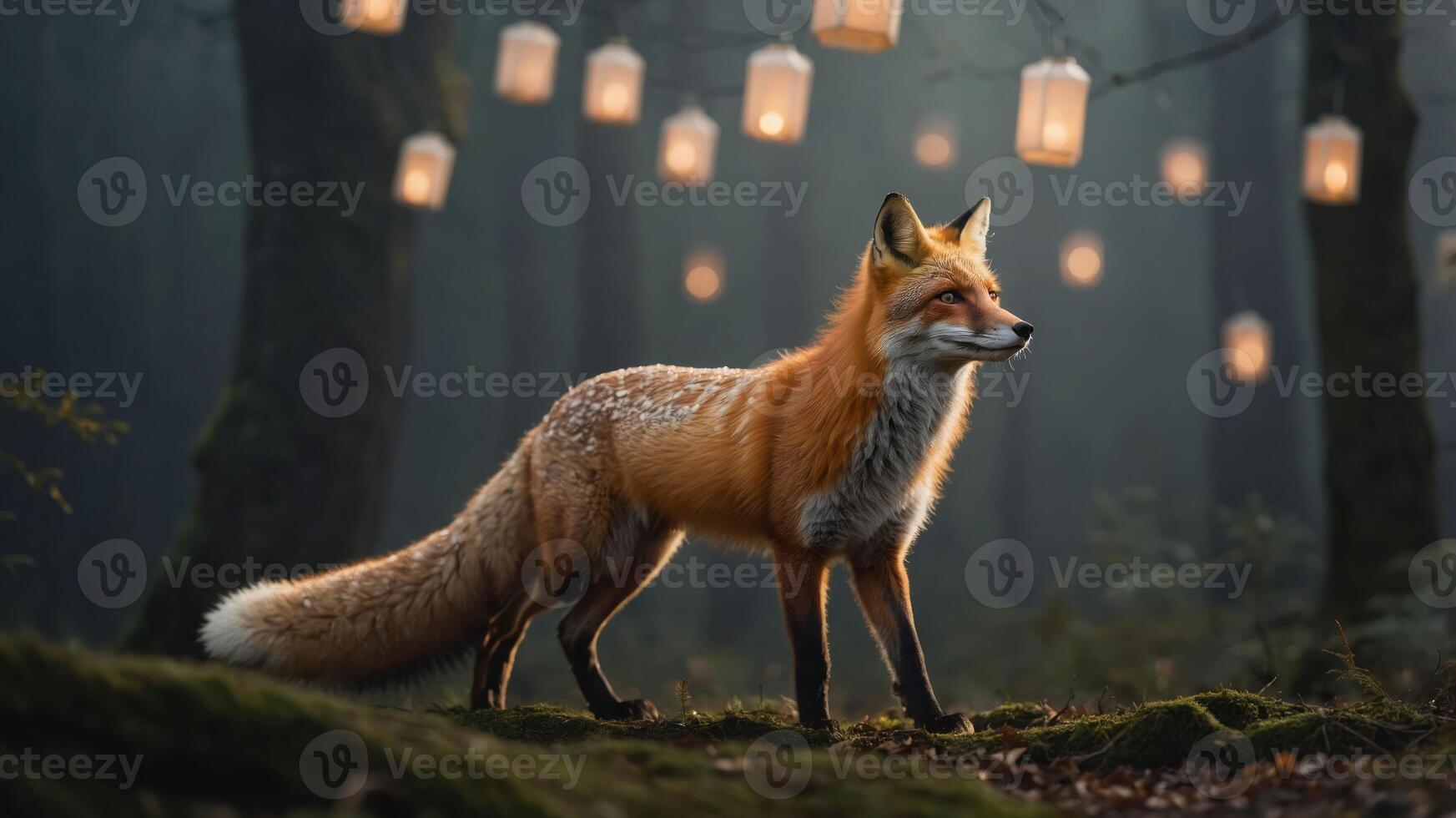 A fox stands in a misty forest illuminated by glowing lanterns, creating a mystical atmosphere. photo