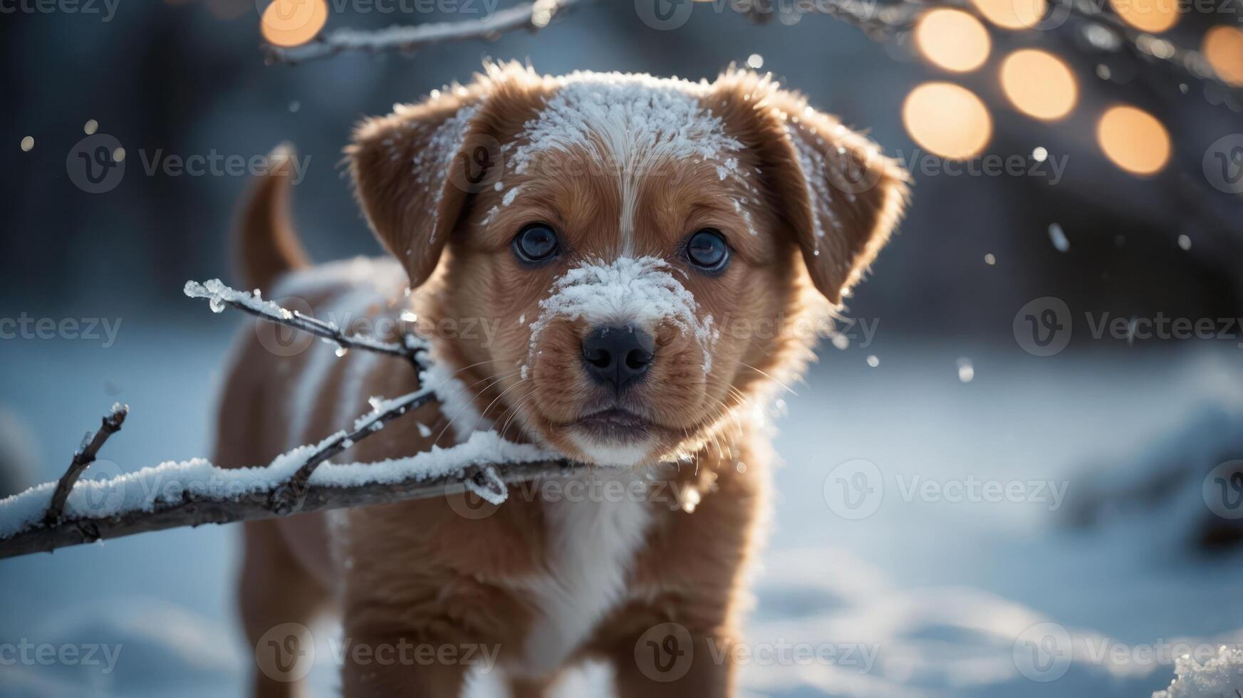 A cute puppy with snow on its fur, surrounded by a winter landscape and soft lighting. photo