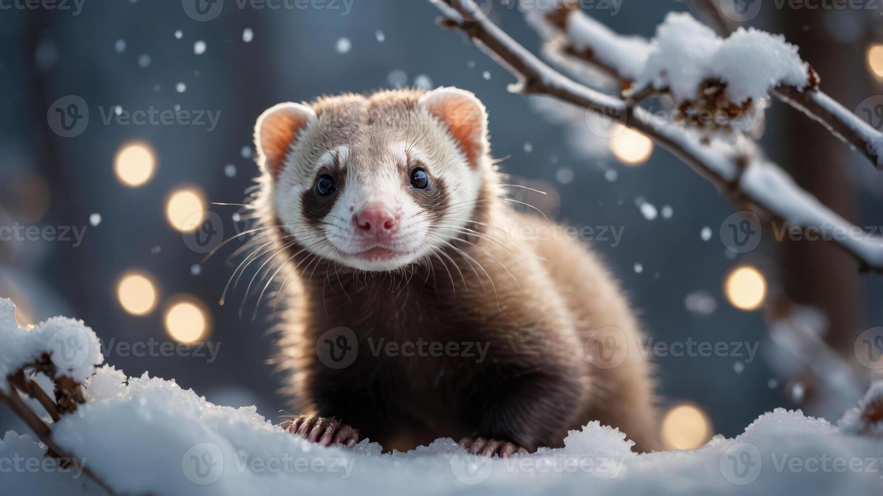 A cute ferret stands in the snow, surrounded by soft snowfall and twinkling lights. photo