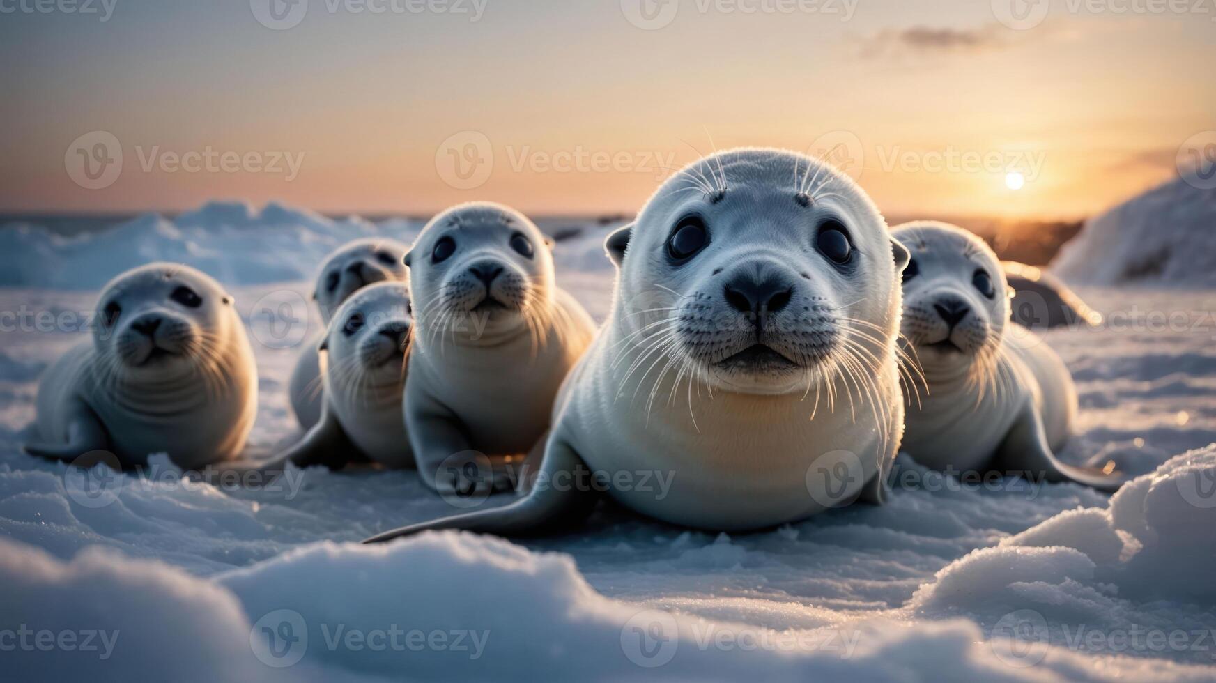 A group of adorable seals resting on snow with a sunset in the background. photo