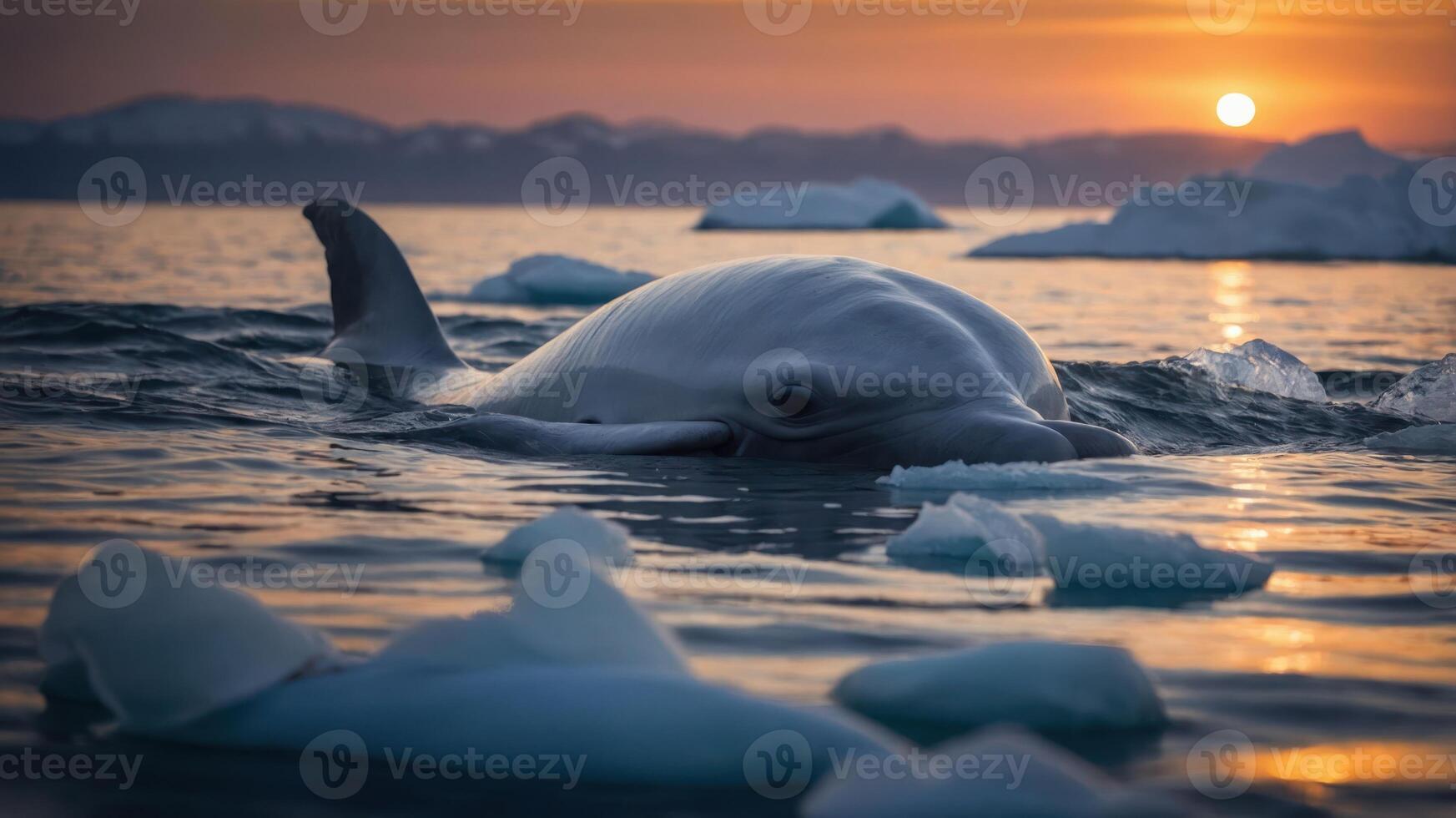 A beluga whale swims among icebergs at sunset, showcasing the beauty of marine life. photo
