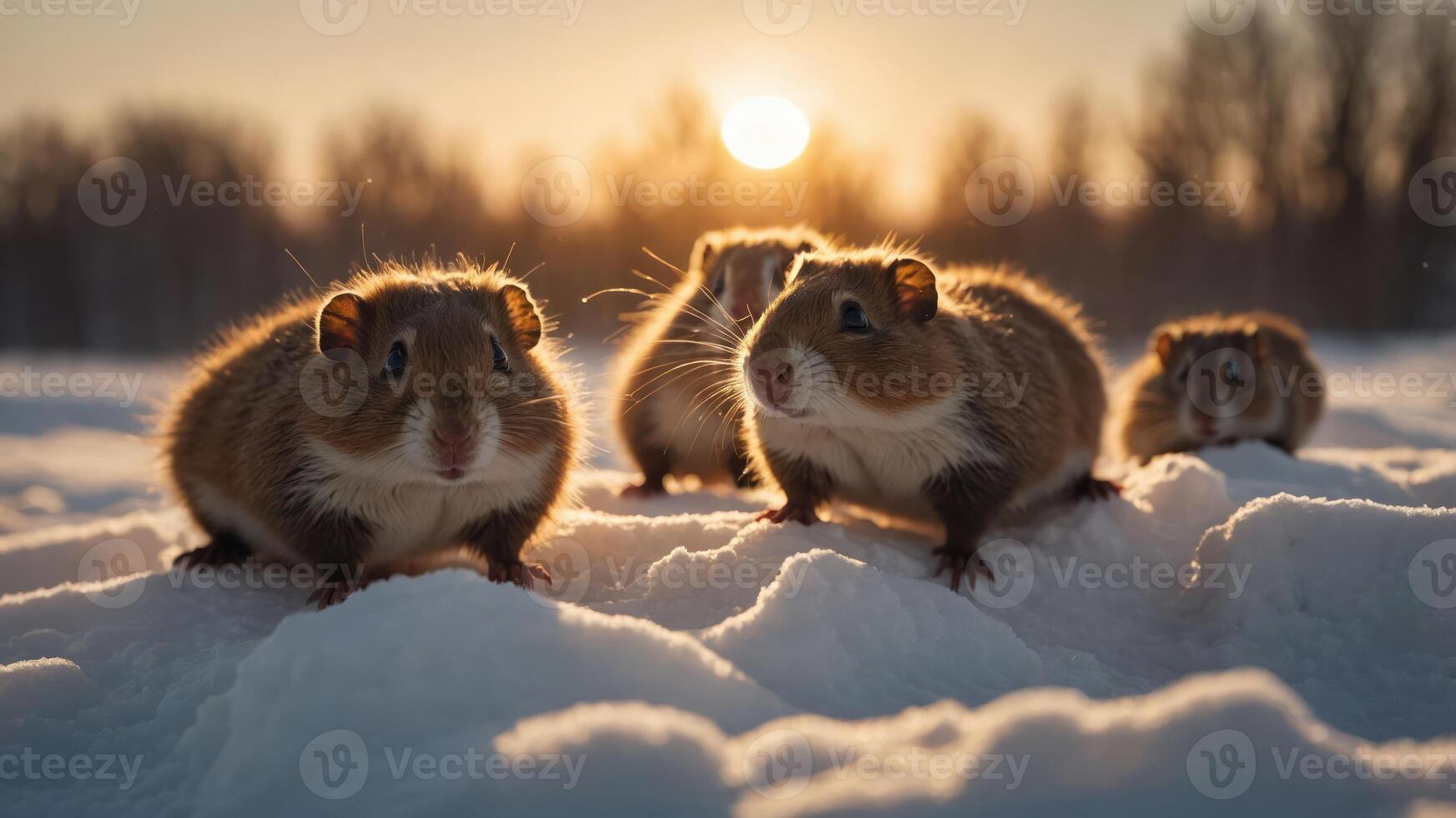 A group of guinea pigs exploring a snowy landscape during sunset. photo