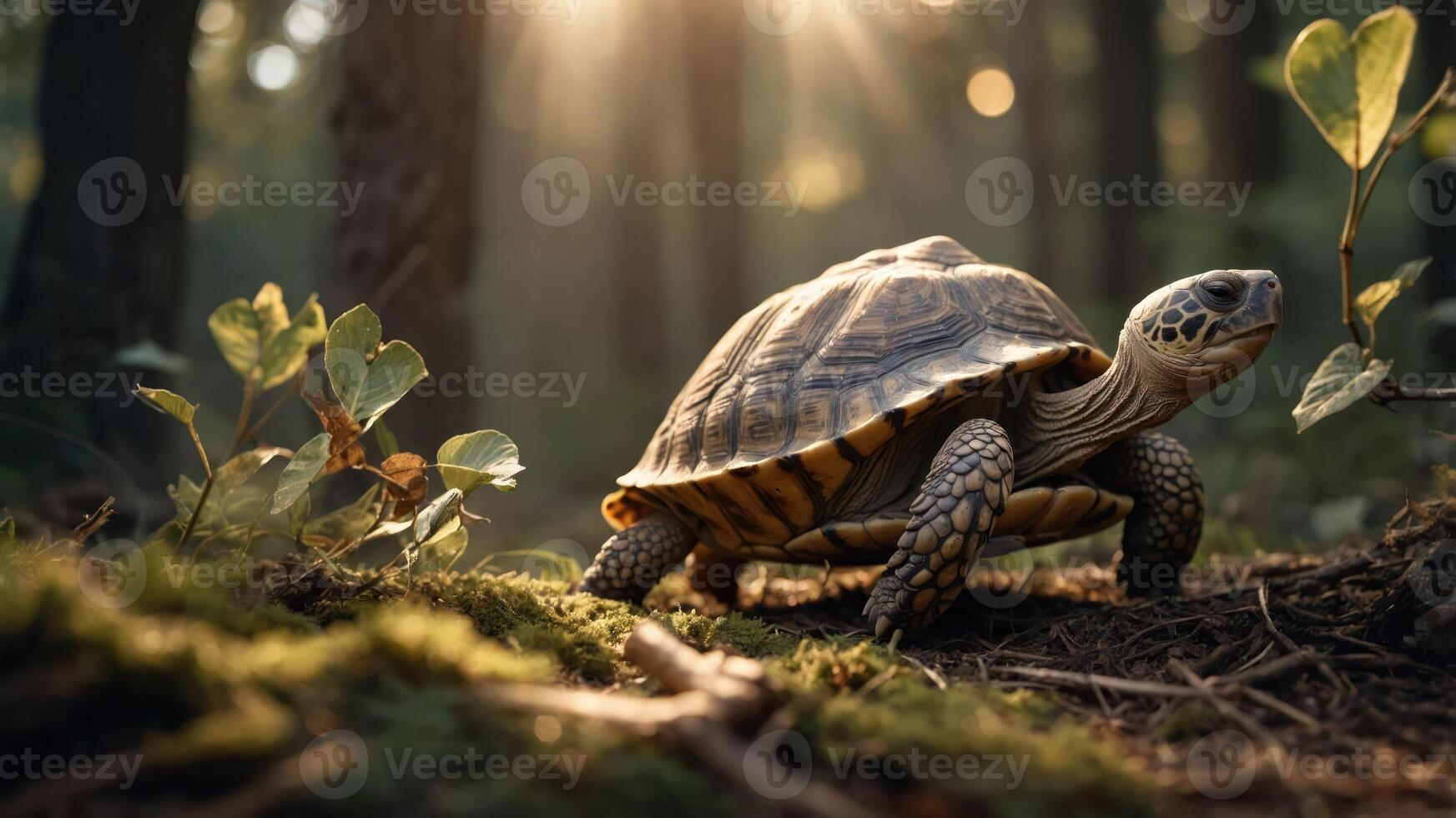 A turtle exploring a sunlit forest floor surrounded by greenery. photo