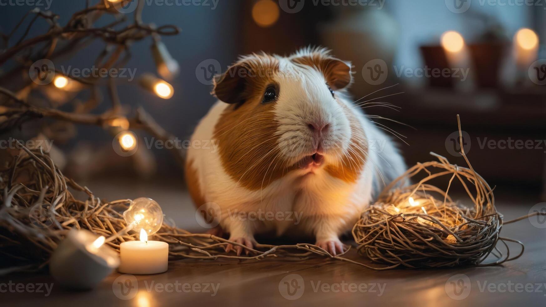 A cute guinea pig surrounded by decorative lights and natural elements. photo