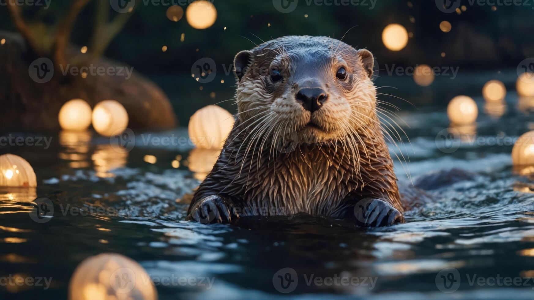 An otter swims in a serene setting, surrounded by glowing lanterns in the water. photo