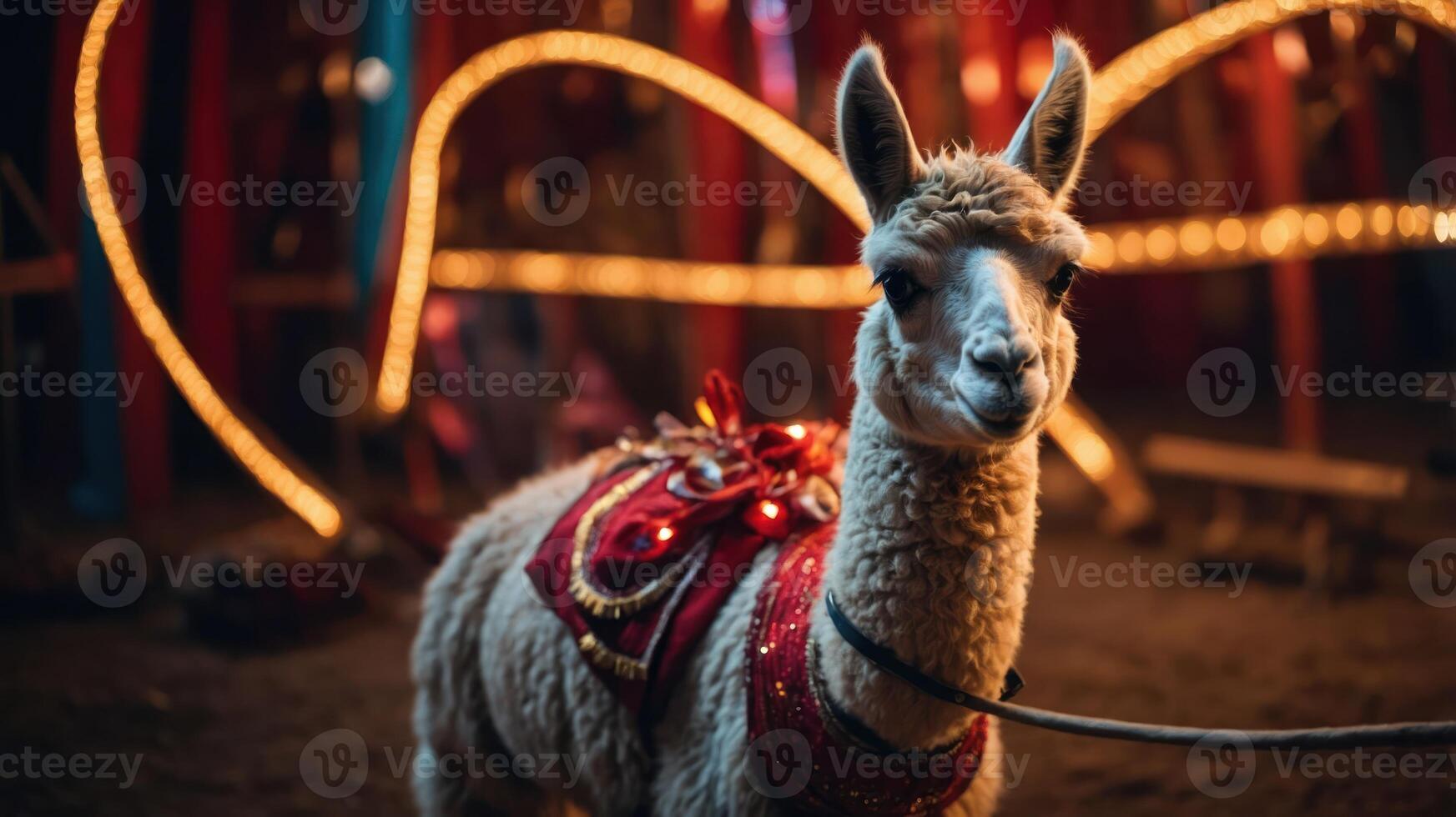 A decorated llama stands in a circus setting, illuminated by colorful lights. photo