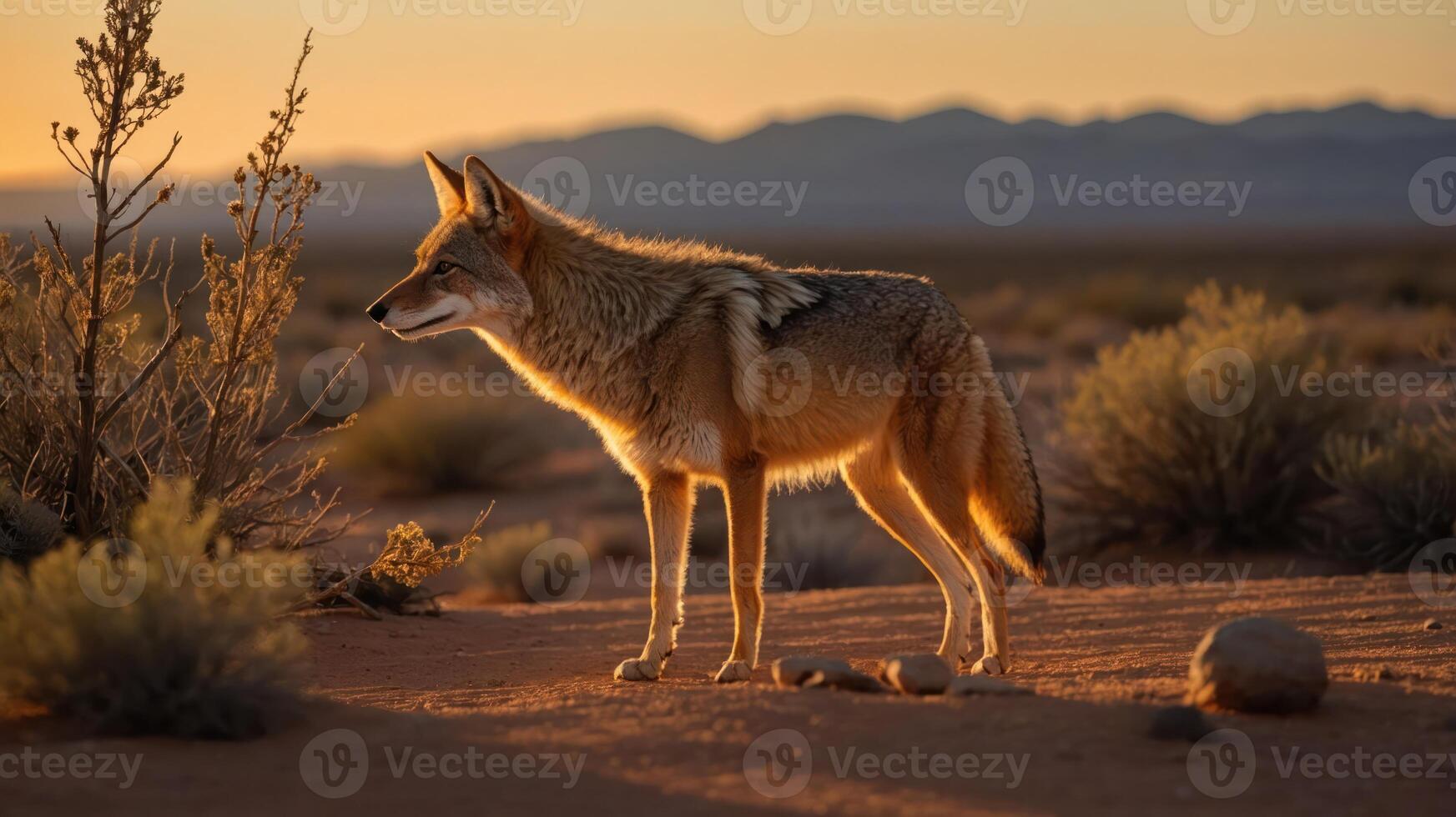 A coyote stands in a desert landscape during sunset, highlighting its natural beauty. photo
